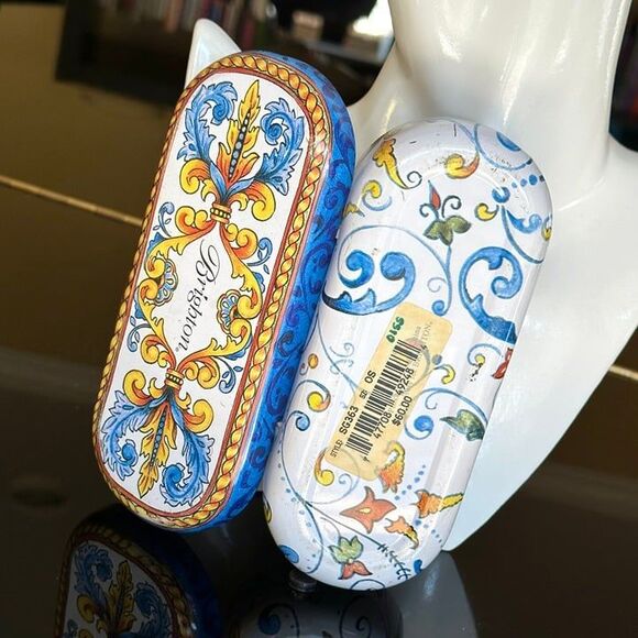 Vtg Brighton White Hardshell Metal Glasses Sunglasses Case Blue Yellow Filigree - Picture 3 of 12